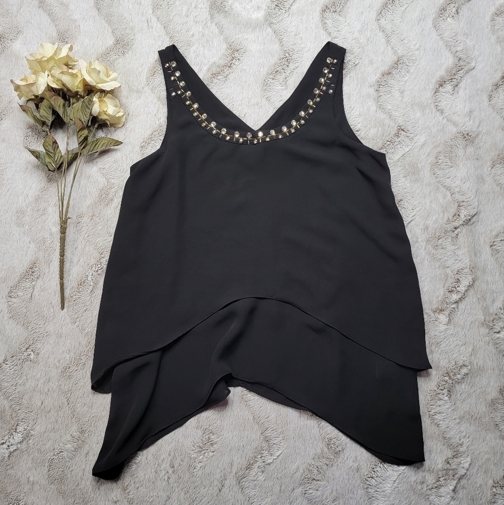 New York & Co Black Layered Look‎ Embellished Collar Sleeveless Blouse Sz XS